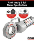 Badass 120V Handheld Power Pipe Threader For Plumbing And Conduit Tasks Compatible With 12-R 00-R 00-RB 11-R Die Heads close-up showing specifications.