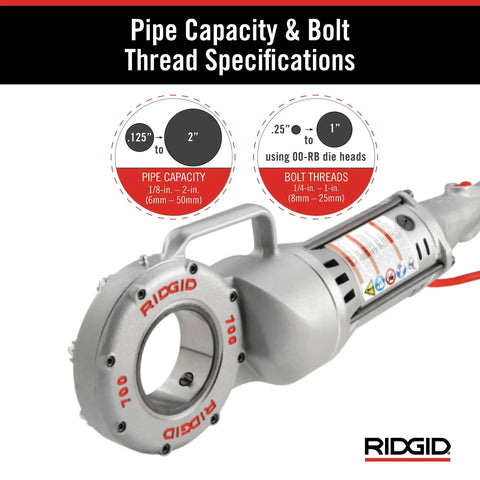 Badass 120V Handheld Power Pipe Threader For Plumbing And Conduit Tasks Compatible With 12-R 00-R 00-RB 11-R Die Heads close-up showing specifications.