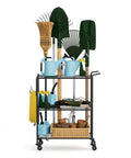Beefed Up Tool Organizer With Wheels for Garage Shed Basement and Outdoor Use holding rakes, shovels, watering cans, and supplies