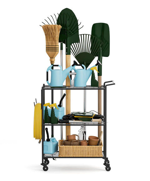 Beefed Up Tool Organizer With Wheels for Garage Shed Basement and Outdoor Use holding rakes, shovels, watering cans, and supplies