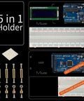 Starter Kit For Arduino Projects with Breadboard, LCD1602 Module, controller board, screws, and adhesive pads shown.