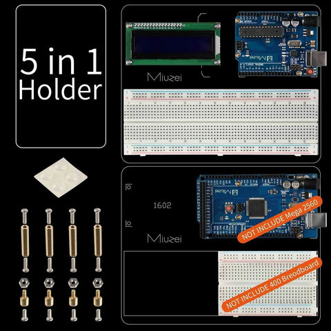 Starter Kit For Arduino Projects with Breadboard, LCD1602 Module, controller board, screws, and adhesive pads shown.