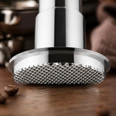 Straight Up 58mm Espresso Tamper flat bottom design with textured brushed stainless steel base for even coffee compression.