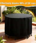 Outdoor Round Bar Height Table And Chair Cover 90 Inch Diameter By 43 Inch High Waterproof No Fuss Patio Furniture Cover Heavy Duty Oxford Fabric UV Resistant Dustproof All Weather Protection For Round Sets covering a table and chairs on a patio.