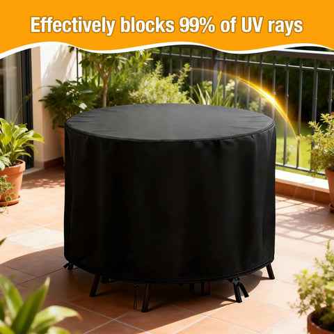 Outdoor Round Bar Height Table And Chair Cover 90 Inch Diameter By 43 Inch High Waterproof No Fuss Patio Furniture Cover Heavy Duty Oxford Fabric UV Resistant Dustproof All Weather Protection For Round Sets covering a table and chairs on a patio.