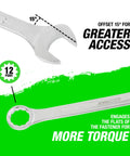 Beefy Jumbo SAE Wrench Set Heavy Duty 1-1/16 Inch To 1-7/16 Inch With 12 Point Box End Wrenches 15 Degree Offset For Knuckle Clearance Chrome Plated Finish And Wrench Roll showing 15° offset detail