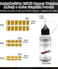 Pinewood Derby Weights Kit With Graphite Lubricant For Axles And Wheels Lead Free Copper Cylindrical Weights Three Eighths Of An Inch Four And A Half Ounces Total Twenty Eight Pieces Tungsten Alternative Track Legal Weight Set For A Speed Boost On, shown with labeled weight sizes and graphite lubricant bottle.