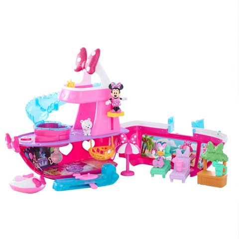 Bowdazzling Minnie Mouse Yacht Playset With Lights And Sounds 14 Piece Boat Set Includes Figures Slide Wave Rider Juice Bar And Hammock