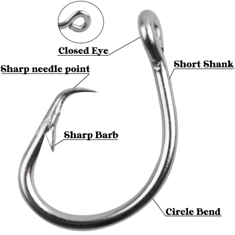 Stainless steel fishing hook with closed eye, short shank, sharp barb, and needle point for Surf Fishing Tackle Kit 130Pcs Saltwater Rigs Set With Fish Finder Rig Live Bait Rigs Include Leaders Pyramid Sinkers Weights Sliders Hooks Swivels And Other Surf Fishing Accessories For Easy Catch.