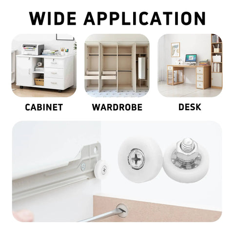 Wide application of 8 Pack 19mm Nylon Drawer Rollers With Ball Bearings And M6x1 Studs for cabinets, wardrobes, and desks.