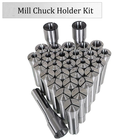 R8 Collet Set 29-Piece 1/32 Inch to 1 Inch Mill Collets Kit in Steel for Mill Machine with Chuck Holder displayed
