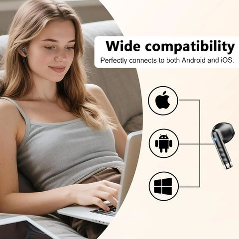 Dope Wireless Earbuds With Bluetooth 5.4 And ENC Noise Cancelling Mics For Android And iOS, shown with compatibility chart