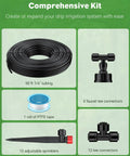 Comprehensive 50 Foot Drip Irrigation Kit components with tubing, faucet T connectors, PTFE tape, and adjustable sprinklers.