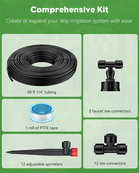 Comprehensive 50 Foot Drip Irrigation Kit components with tubing, faucet T connectors, PTFE tape, and adjustable sprinklers.
