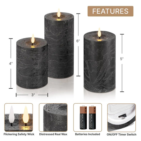 Real Wax Black Flameless Pillar Candles Set Of 3 With Remote Timer Battery Operated LED Candles 3 Inch Diameter Realistic Flickering Flame For Cozy Farmhouse Decor