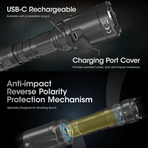 Long Throw 2100 Lumen Tactical Flashlight With USB Rechargeable Power SRT6i Smart Ring Selector Waterproof Design showing USB port