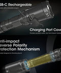 Beast Mode Tactical Flashlight 2100 Lumens Long Throw Over 557 Yards USB C Rechargeable with charging port cover visible