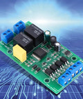 Beefed Up DC Motor Driver Controller Module With CW CCW Reversing 20A Relay Built For Real World Automation Projects And Industrial Equipment Wide Voltage Range And Efficient Heat Management With Copper Terminal Design. green PCB module with blue screw terminals and relays
