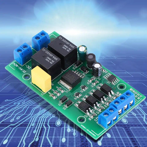Beefed Up DC Motor Driver Controller Module With CW CCW Reversing 20A Relay Built For Real World Automation Projects And Industrial Equipment Wide Voltage Range And Efficient Heat Management With Copper Terminal Design. green PCB module with blue screw terminals and relays