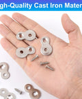 Rock Solid Figure 8 Table Top Fasteners With Screws in hand, showing heavy duty steel connectors and screws, 1.95x3.3cm.
