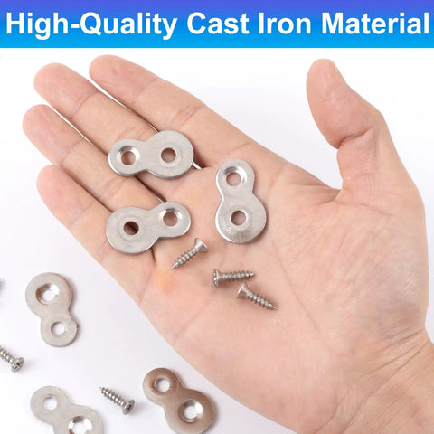 Rock Solid Figure 8 Table Top Fasteners With Screws in hand, showing heavy duty steel connectors and screws, 1.95x3.3cm.