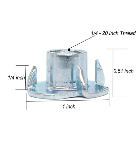 100 Pack Tee Nuts 1/4-20 x 5/16 In Four Prong Carbon Steel Zinc Plated For Wood Furniture Cabinetry Pro Grade DIY Projects Heavy Duty Construction And Rock Climbing Holds, 1/4-20 thread