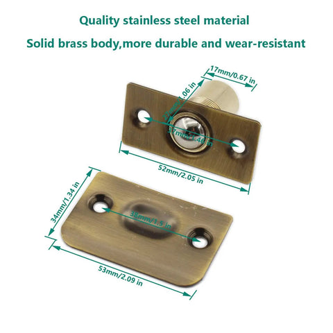 2 Pack Closet Door Ball Catch Hardware Stainless Steel French Door Ball Latches Adjustable Cabinet Latch With Strike Plate Drive In Spring For Closet And Cupboard Doors Antique Gold with measurement details shown