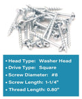Pocket Hole Wood Screws 50 Count Number 8 By One And A Quarter Inch Square Drive Washer Head Coarse Thread Zinc Coated For Indoor Outdoor Use