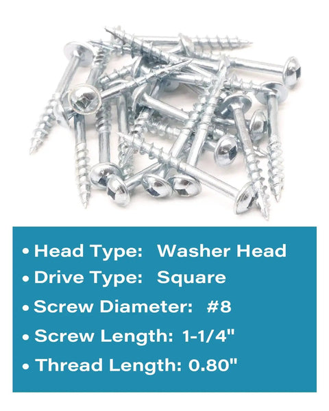 Pocket Hole Wood Screws 50 Count Number 8 By One And A Quarter Inch Square Drive Washer Head Coarse Thread Zinc Coated For Indoor Outdoor Use