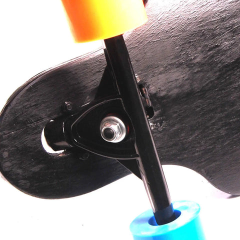 Heavy Duty Electric Skateboard Trucks With Adjustable Motor Power And Lightweight Alloy Frame, black base, colorful wheels.