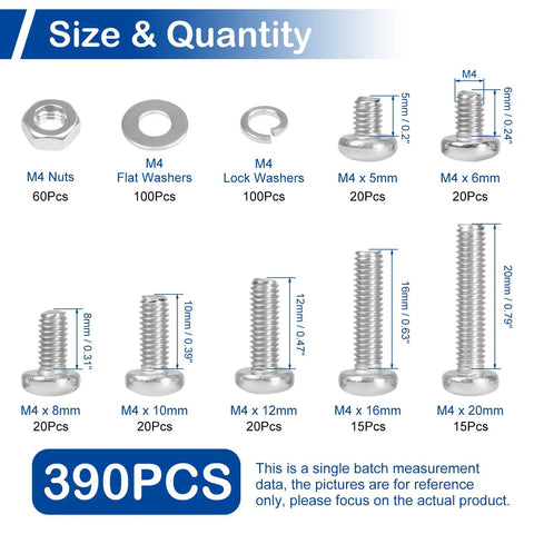 390 Pcs M4 Phillips Pan Head Machine Screws With Nuts And Washers 304 Stainless Steel Fully Threaded Set In Sizes 5mm To 20mm Assortment Kit For DIY Fixes