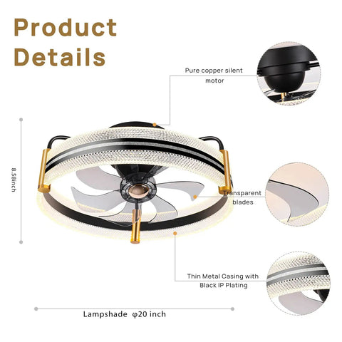 Close-up of 20 Inch Bladeless Ceiling Fan with Light showing low profile flush mount design and 360 degree oscillation details.