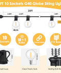Diagram of 25 Foot G40 LED Outdoor String Lights With 11 Bulbs Plug In Waterproof Patio String Lights For Backyard Parties Dimmable Shatterproof Safe Design Black Finish Porch Balcony Decor showing dimensions and features like E12 base and clear plastic bulbs.