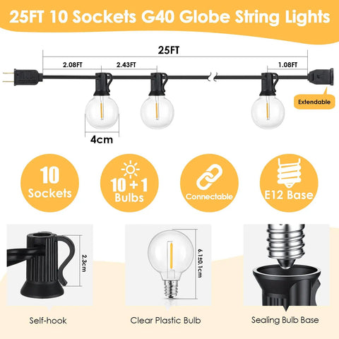 Diagram of 25 Foot G40 LED Outdoor String Lights With 11 Bulbs Plug In Waterproof Patio String Lights For Backyard Parties Dimmable Shatterproof Safe Design Black Finish Porch Balcony Decor showing dimensions and features like E12 base and clear plastic bulbs.