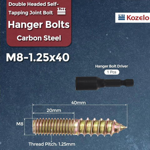 Heavy Duty Pro Grade 20 Piece Hanger Bolt Kit With Driver M8 X 40mm Carbon Steel Zinc Plated, includes hanger bolt and driver.