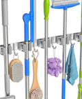 Heavy Duty Wall Mount Broom Holder And Mop Organizer Rack With Five Racks And Four Hooks Rustproof Stainless Steel Wall Storage