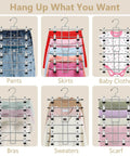Heavy Duty Metal Pants Hangers With Clips, Hella Space Saving Six Tier Skirt Rack, No Sweat 360 Swivel Hook For Dorm Rooms And Tight Apartments, Sweet Solid Build Two Pack displaying various clothing arranged on racks.