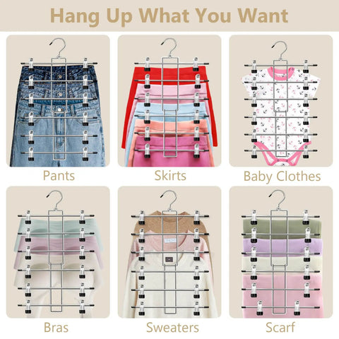 Heavy Duty Metal Pants Hangers With Clips, Hella Space Saving Six Tier Skirt Rack, No Sweat 360 Swivel Hook For Dorm Rooms And Tight Apartments, Sweet Solid Build Two Pack displaying various clothing arranged on racks.