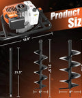 Gas Powered Auger Post Hole Digger With 72cc Engine Includes 6 Inch And 8 Inch Drill Bits Two Extension Rods 31.5 And 15 Inches