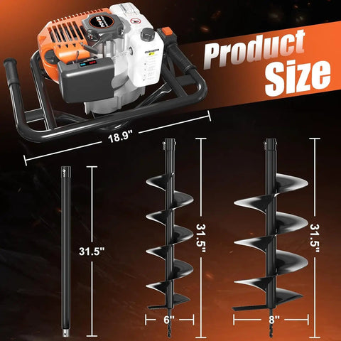 Gas Powered Auger Post Hole Digger With 72cc Engine Includes 6 Inch And 8 Inch Drill Bits Two Extension Rods 31.5 And 15 Inches
