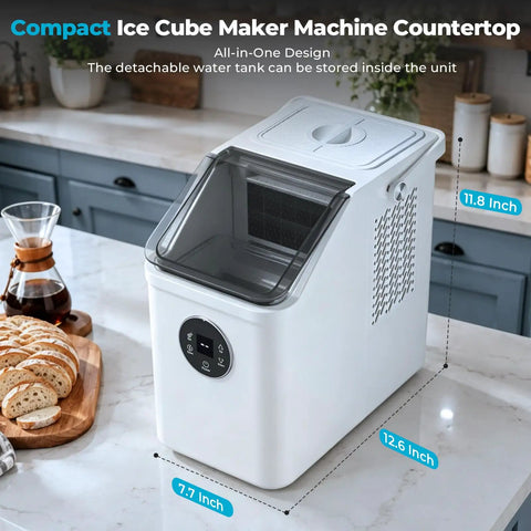 Top Tier Countertop Ice Cube Maker Delivers Legit Square Ice In Mere Minutes While Pulling 26 Pounds Per Day So You Can Keep Every Sip Ice Cold And Flavor Intact During Weekend Hangouts Or Family Gatherings, compact design on marble countertop.