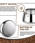 Close-up of 2 Cup Stovetop Espresso Maker In Stainless Steel Moka Pot For Home And On The Go Camping Italian Style Mocha Brew Pot Induction Compatible 100 Ml 3.3 Oz Quick 5 Minute Espresso Rich Aroma And Easy Pour showing safety valve and thickened steel bottom.