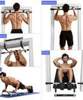 Super Heavy Duty Doorway Pull Up Bar Beast Featuring Thickened Steel Frame and Comfortable High Fiber Foam Handles for Chin Ups and Intense Home Gym Grinds Holding 440 Pounds Securely, showcasing various exercise positions.