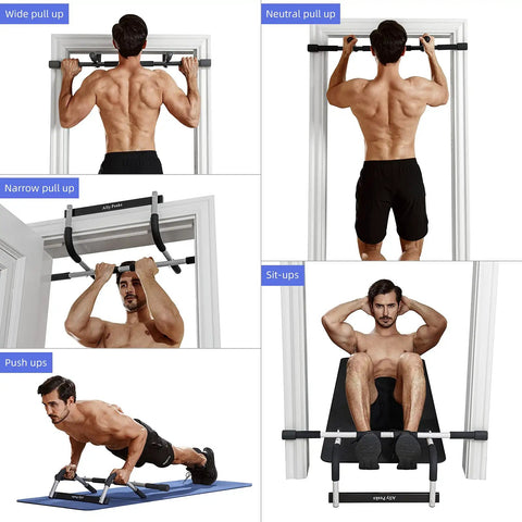 Super Heavy Duty Doorway Pull Up Bar Beast Featuring Thickened Steel Frame and Comfortable High Fiber Foam Handles for Chin Ups and Intense Home Gym Grinds Holding 440 Pounds Securely, showcasing various exercise positions.