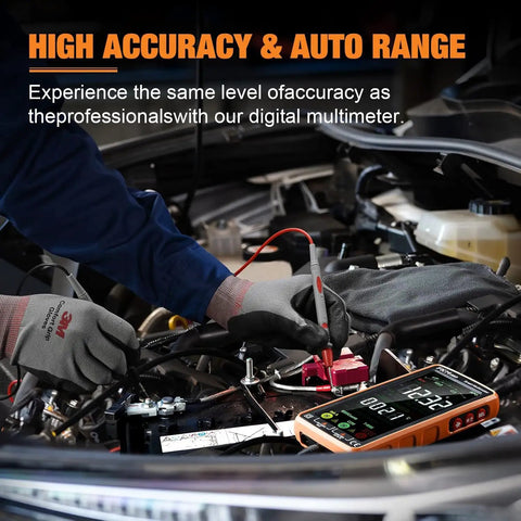 Mechanic using Handy Digital Multimeter With Auto Ranging And Smart Mode 6000 Count for automotive testing on engine.
