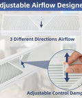18 Inch Baseboard Vent Cover 4 Pack With Adjustable Airflow showing adjustable control damper and airflow directions.