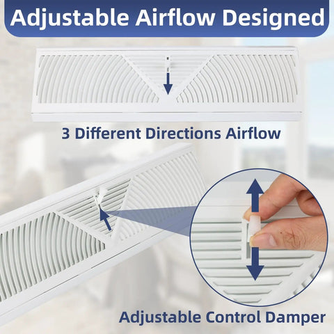 18 Inch Baseboard Vent Cover 4 Pack With Adjustable Airflow showing adjustable control damper and airflow directions.