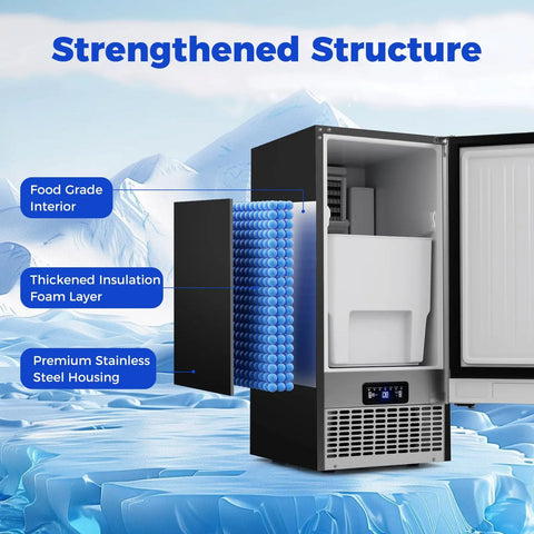 Interior view of 15 Inch Under Counter Commercial Ice Maker Produces 110 Lbs Of Ice Daily With 25 Lb Storage Capacity showing food grade materials.