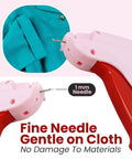 Mini Stitch Gun For No Sew Hem Fix And Button Rescue Kit with 1mm needle detail close-up on fabric, red handle