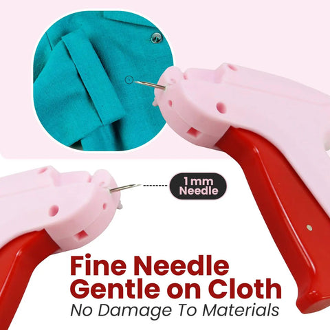 Mini Stitch Gun For No Sew Hem Fix And Button Rescue Kit with 1mm needle detail close-up on fabric, red handle